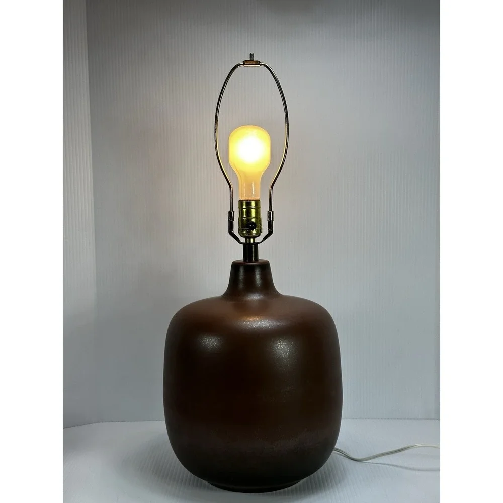 Vintage Bostlund‎ Rich Brown Glaze Pottery Table Lamp With Shade Mid Century Mod